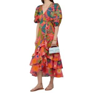 FARM Rio Pink Coral Macaws Puff Sleeve Ruffle‎ Hem Midi Wrap Dress XS Tropical